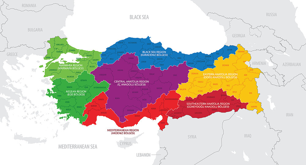 Map of Turkey showing regions