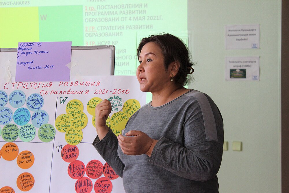 Woman teaching in front of a white board